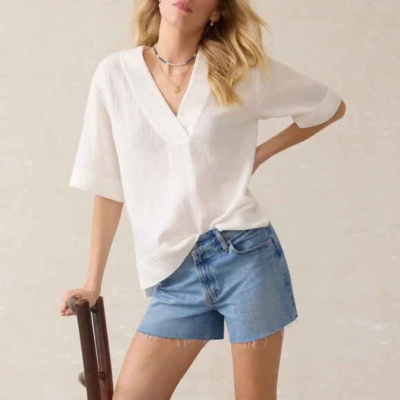 NWT! Faherty Dune Cotton Gauze Short Sleeve Popover Blouse White Coastal sz L - Picture 2 of 8